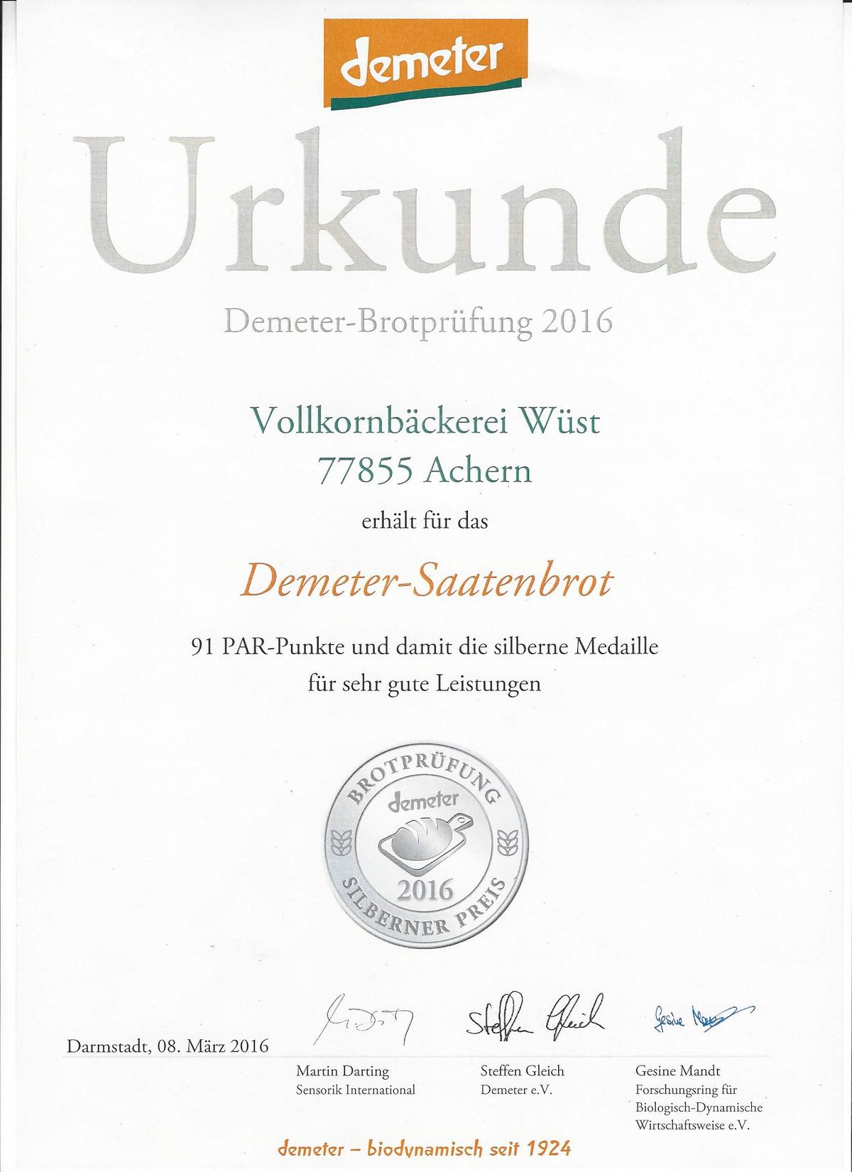 Demeter Brotpr&uuml;fung Urkunde 2016